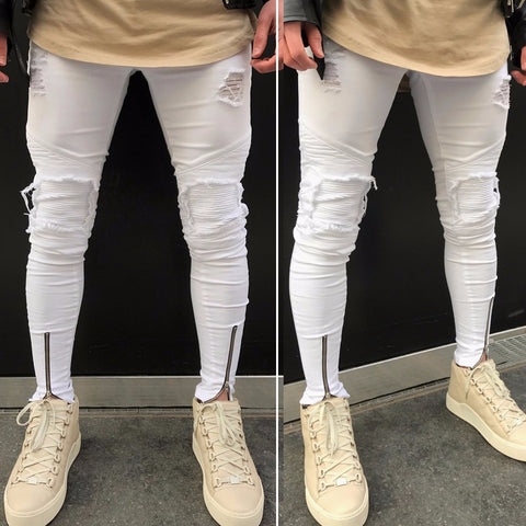 Mens Ripped Slim Jeans Hiphop Pants